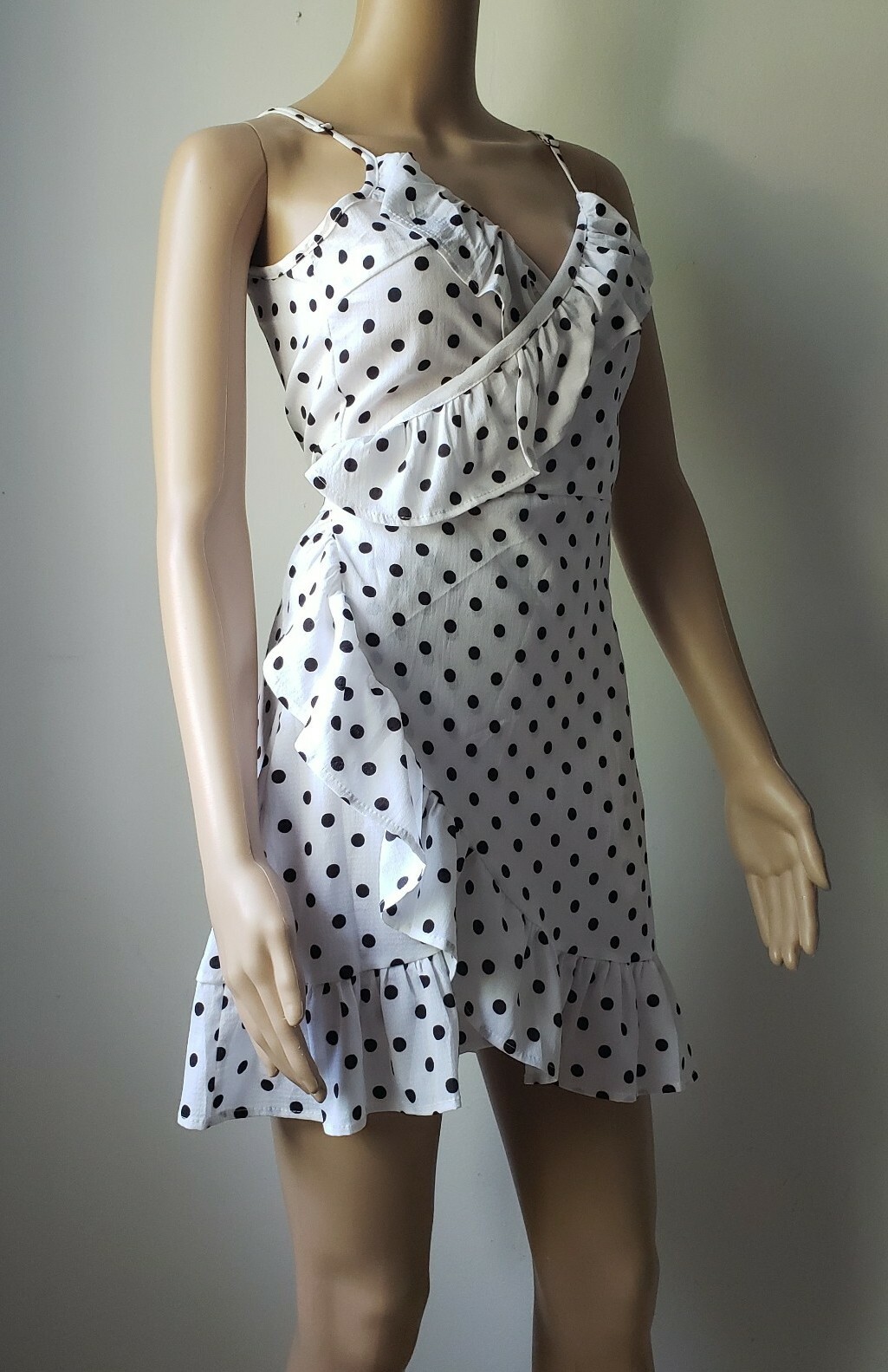  White Black Polka Dot Ruffle Party Sundress Wrap Dress Fit and Flare M