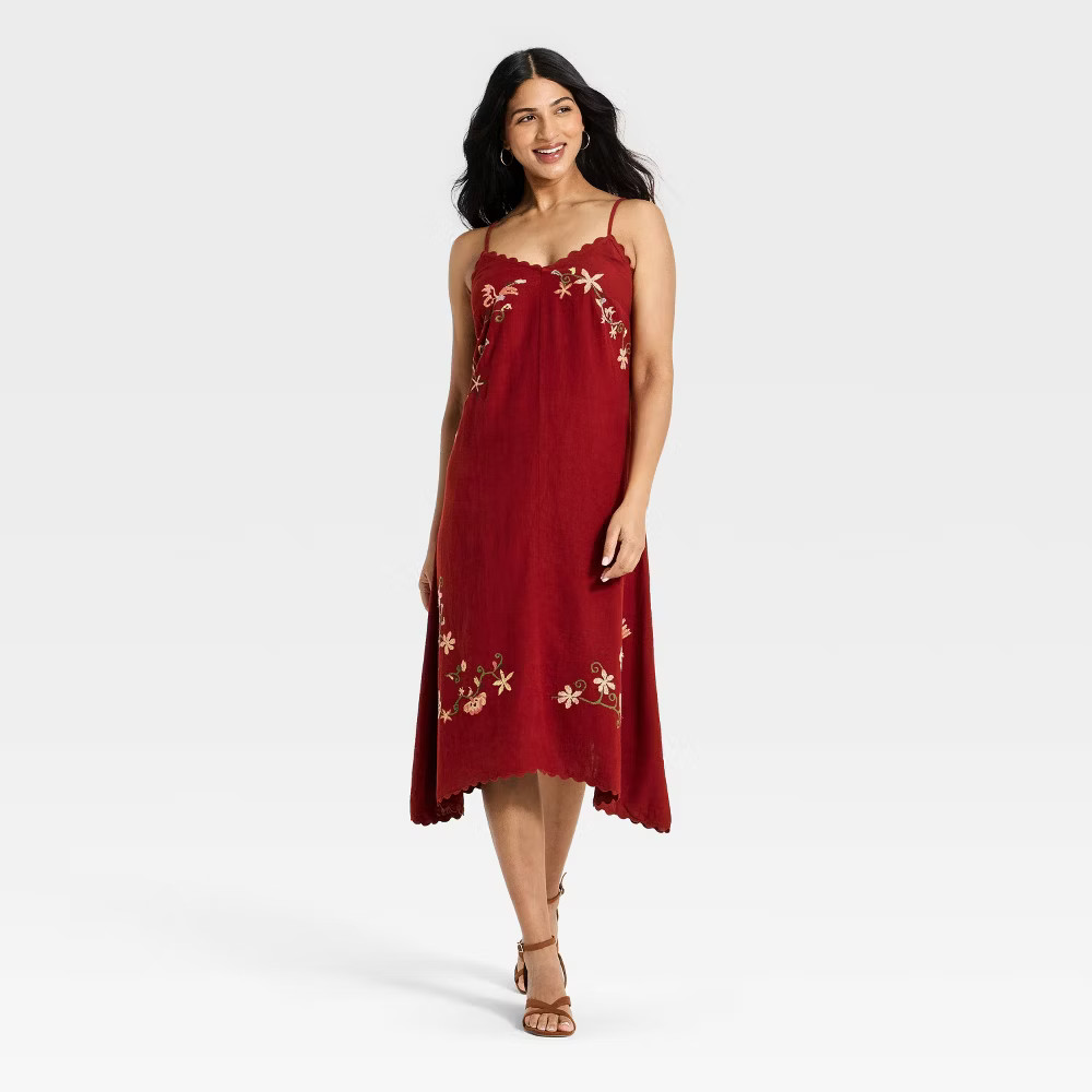 Women Linen Embroidered Midi High Low Dress – Universal