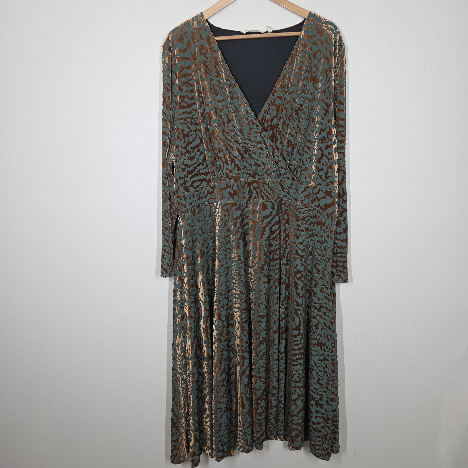 Soft Surroundings Shae Teal Brown Burnout Velvet Animal Print Midi Dress 3X Boho
