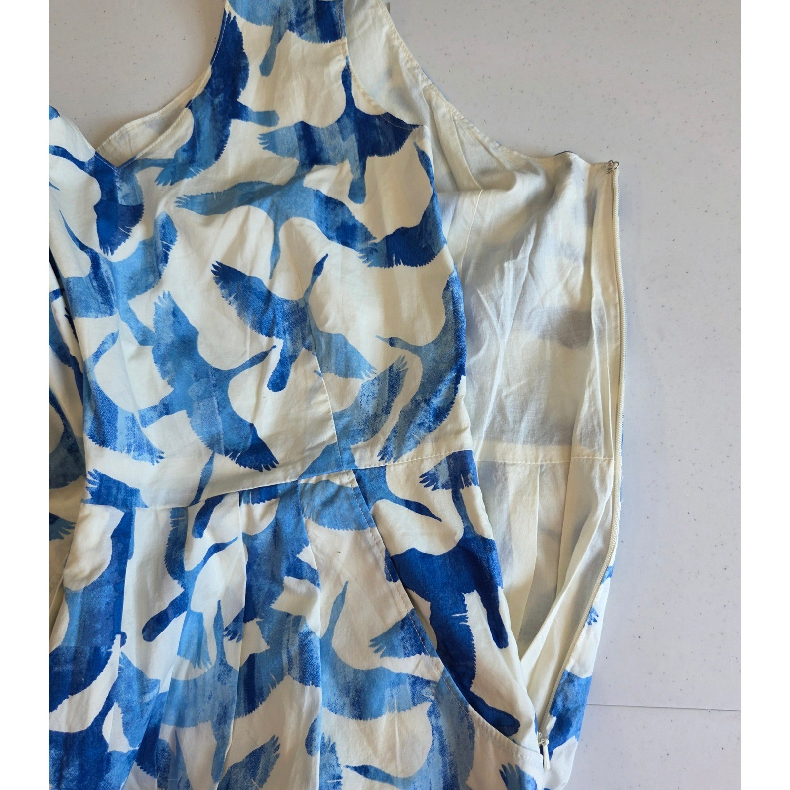 LL Bean Signature Blue White Crane Bird Print Linen Cotton Belted Dress NWT 4