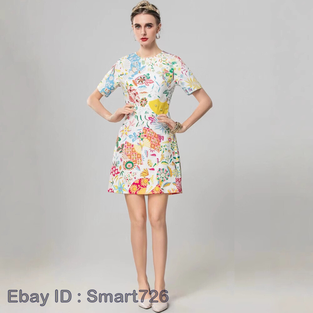 Occident Runway New Beaded Women’s Loose Short Sleeve Printed Midi Dress A-line