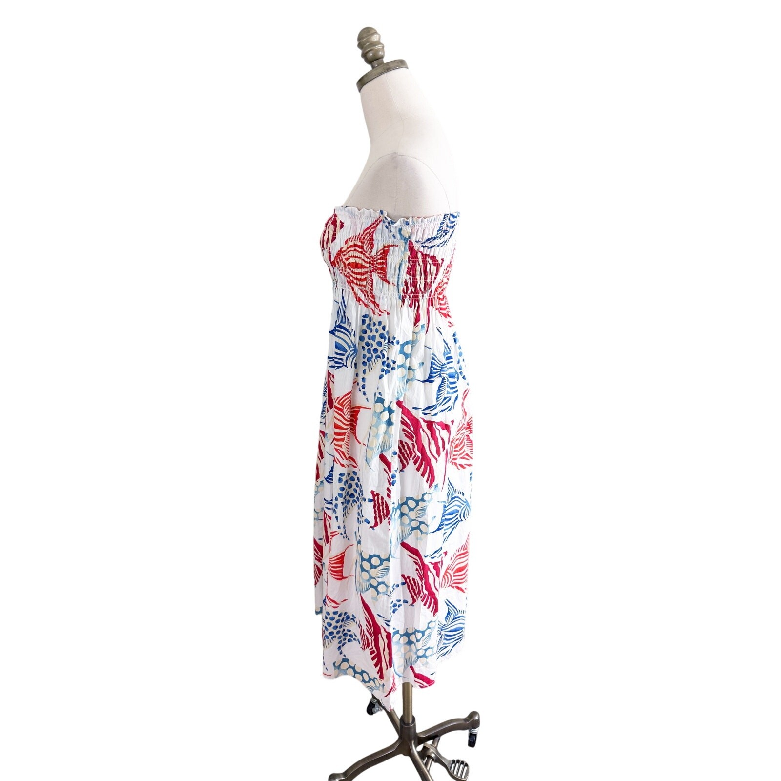 NWT LOFT White/Blue/Red Tropical Fish Print Maxi Strapless Dress Women’s Size S