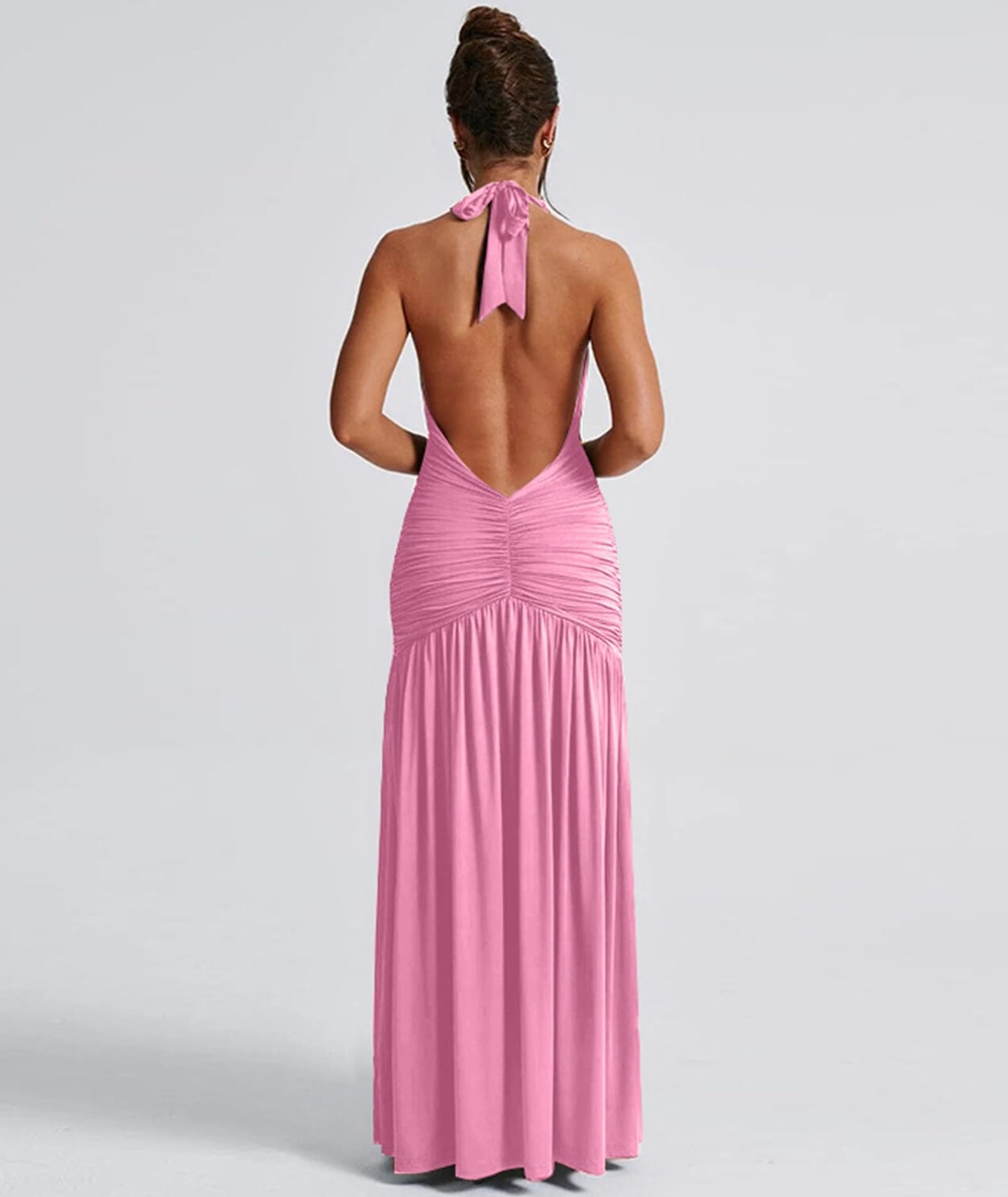 Ekaliy Womens Sexy Halter Deep V Neck Maxi Dress Sleeveless Pink Size S