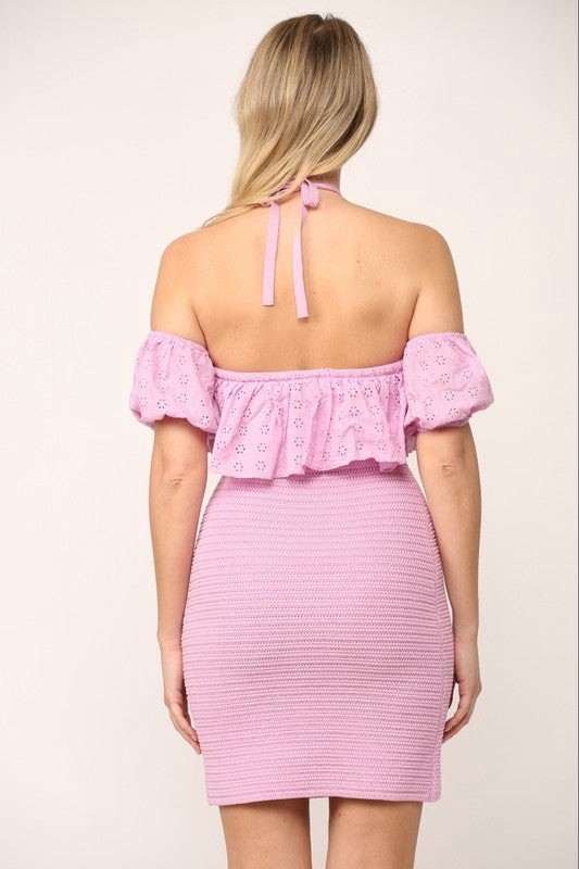 Fate Lilac Eyelet Ruffle Off-Shoulder Halter Bodycon Mini Dress Womens M