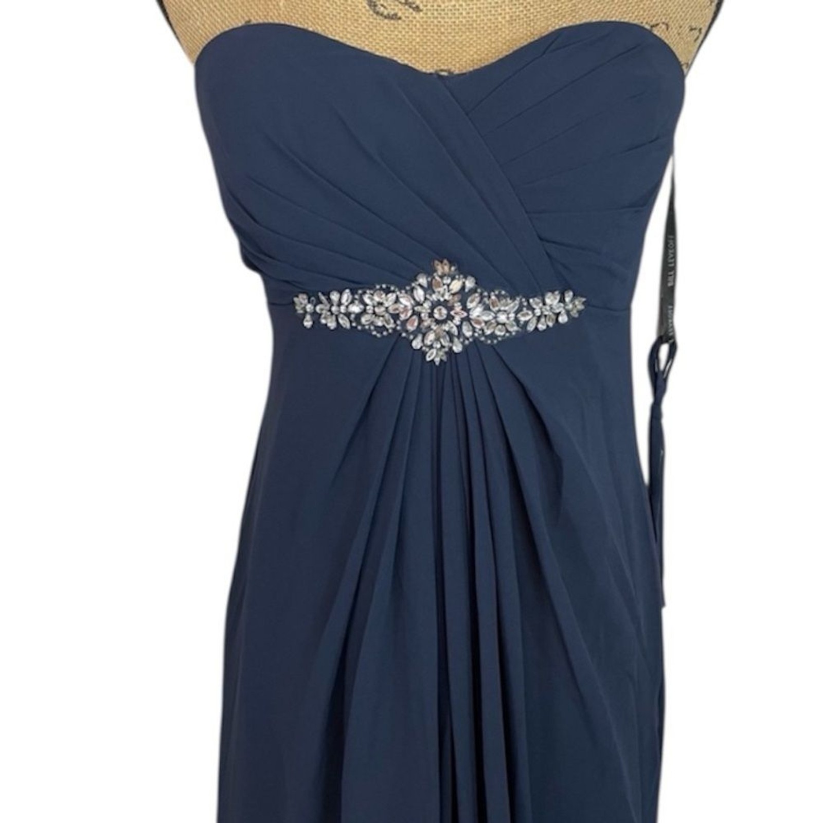 Bill Levkoff Strapless Chiffon With Straps Gown Navy Blue And Rhinestone Waist