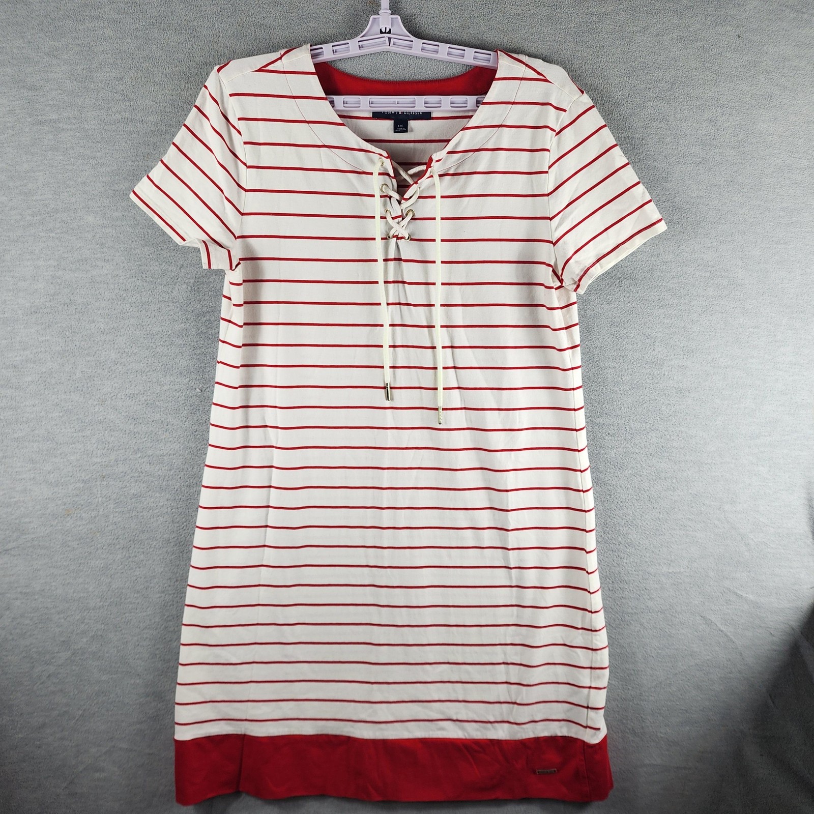 Tommy Hilfiger Dress Womens Large White Red Stripe Lace-Up Nautical Casual