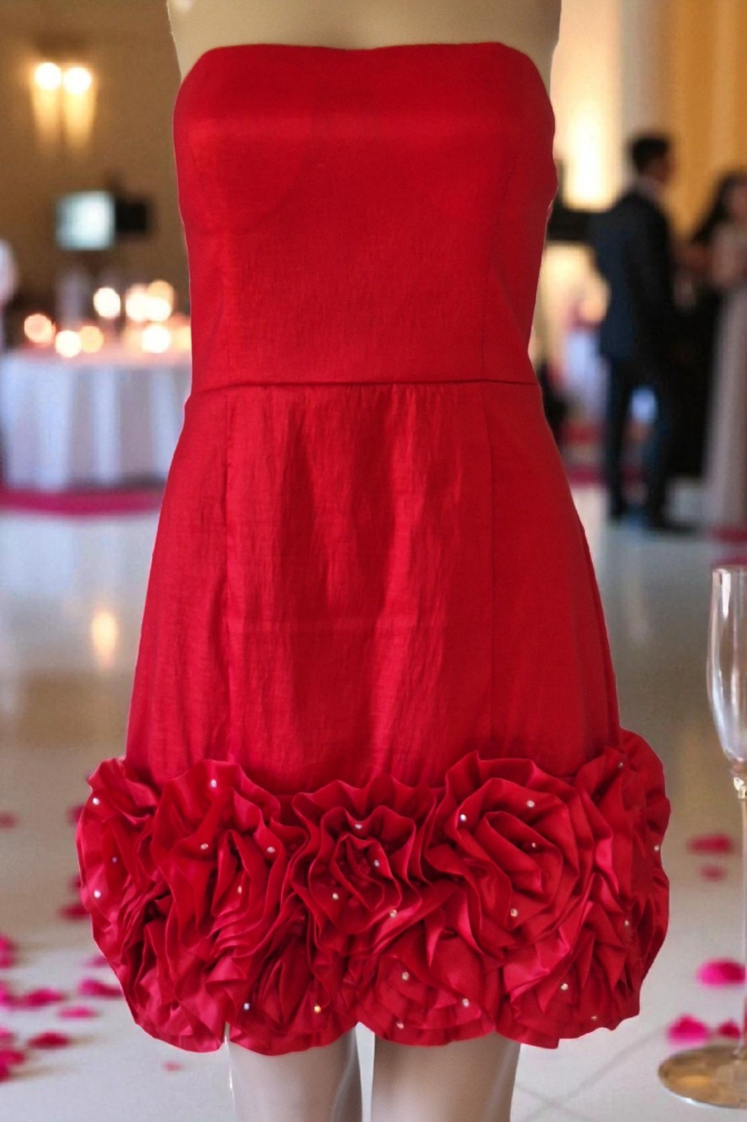 Vintage Masquerade Rose Rossette Red Tafetta Strapless Party Dress Junior’s 7/8