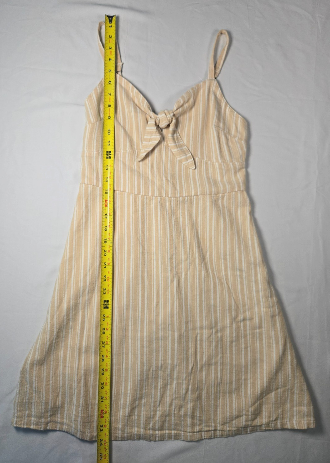 Striped Beige Cream Sundress Cotton Linen Sz M Babydoll Coastal Neutral Beachy
