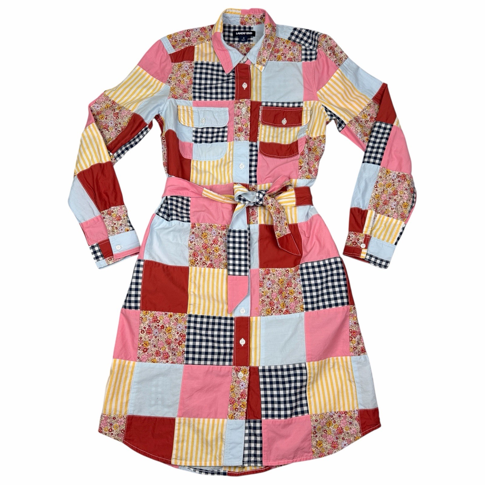 Lands End Patchwork Dress Womens Small Western Cottagecore Button Up Long Sleeve