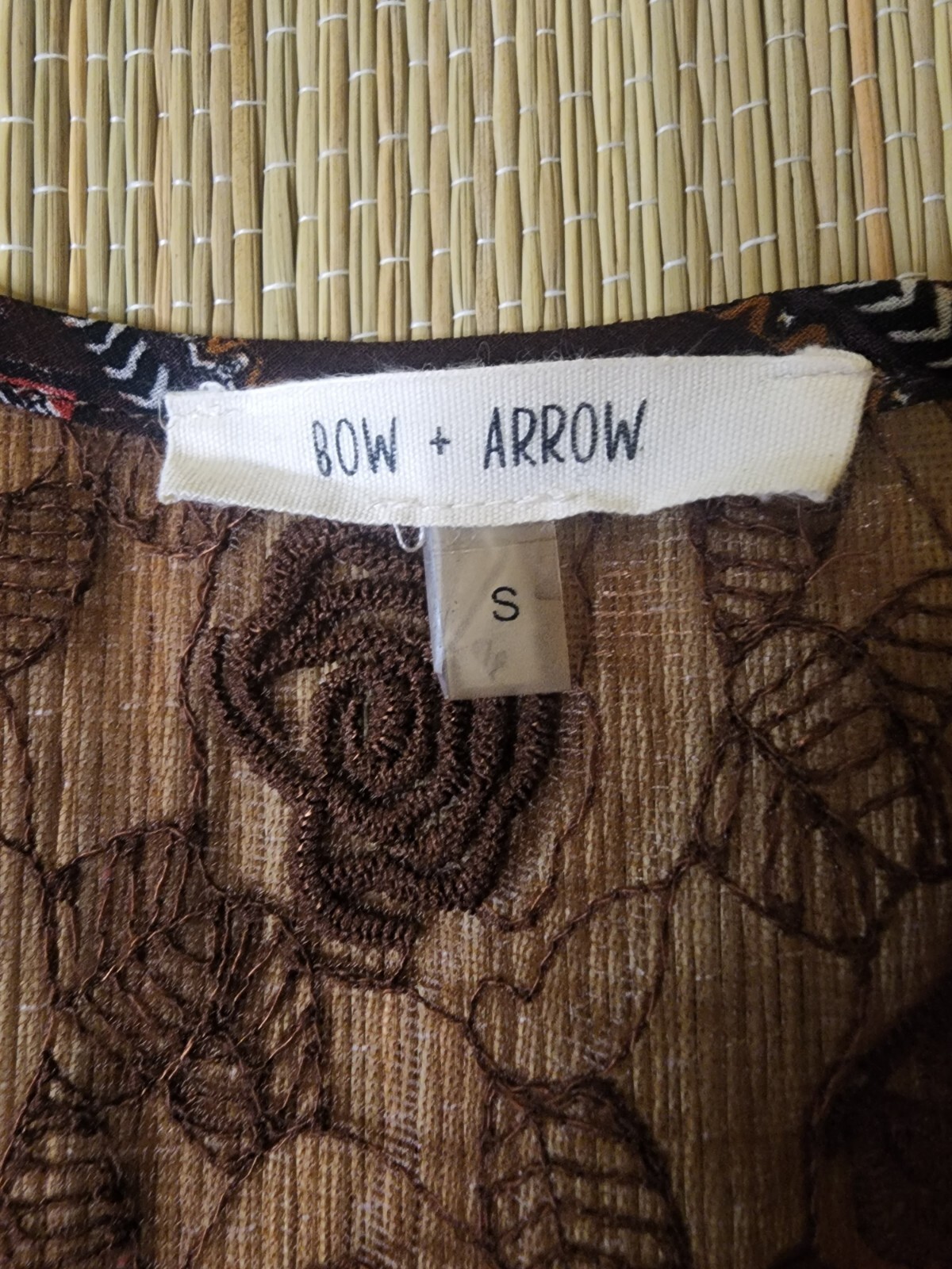 Bow + Arrow Boho Peasant Dress Brown Patchwork Sheer Lace Tassels Women’s S EUC