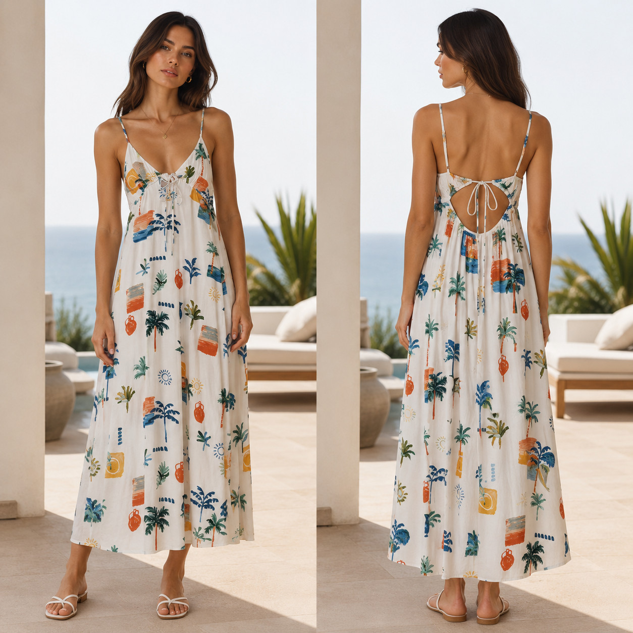 Paper Heart Maxi Dress Sleeveless Tie Back Tropical Print White Size M-C