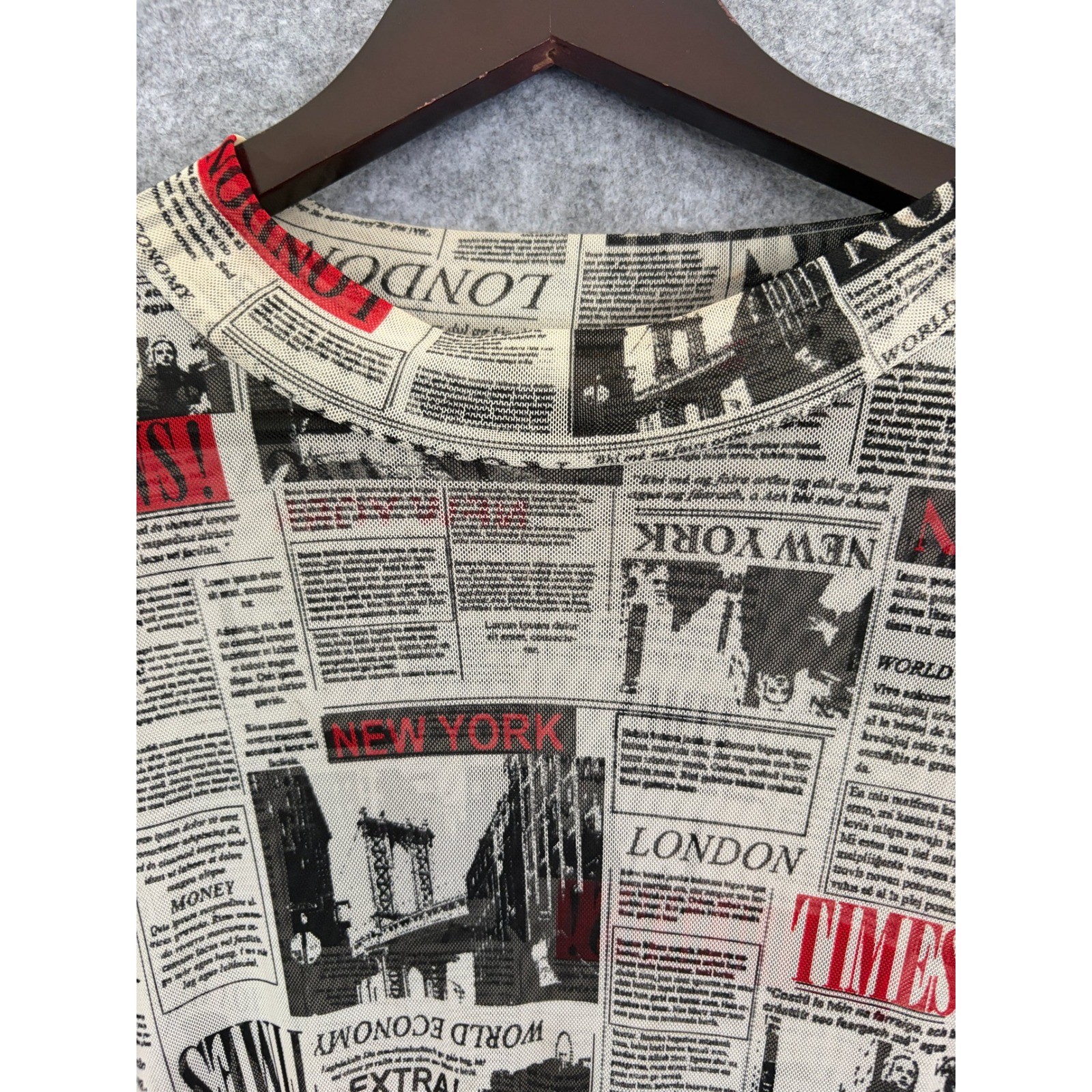 OBJEX Newspaper Print Mesh Ruched Long Sleeve Midi Bodycon Dress Black Red White