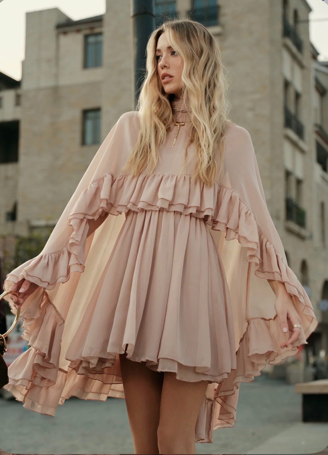 Commense Semi-Sheer Chiffon Ruffle 2PCS Dress with Capet Set Size L