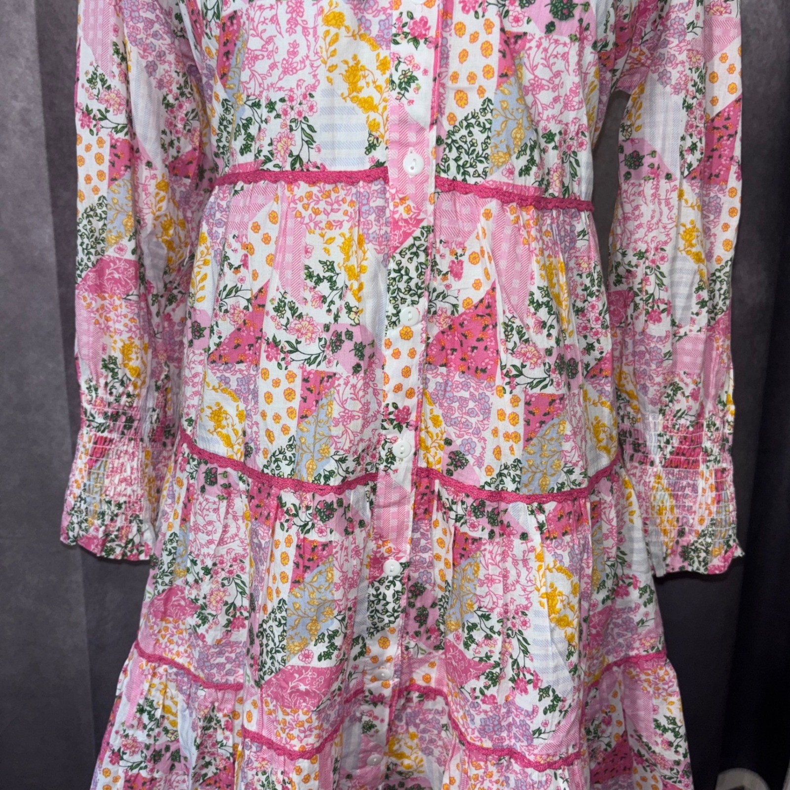 NWT Simply Southern Pink Patchwork Tiered Dress Cottagecore Pockets Size Medium