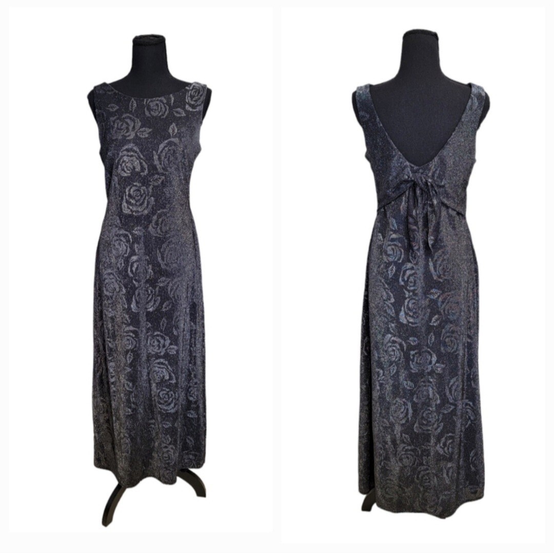 Vintage Harlow Dresses Size 4 Black Sparkly Floral Rose Print Maxi Dress