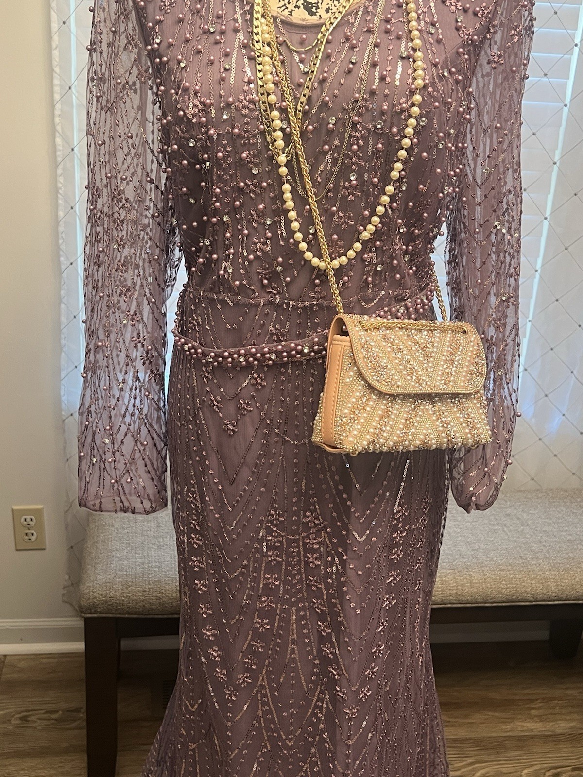 Mauve Round Neck Long Sleeve Beaded A-Line Maxi Long Dress Women’s XL Regular
