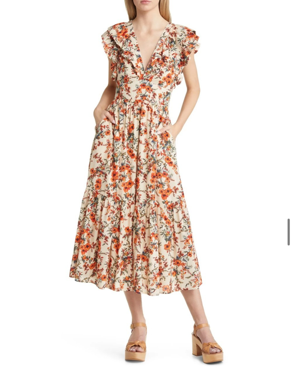 NWOT Chelsea28 Floral Print Ruffle Sleeve Organic Cotton Blend Dress – L