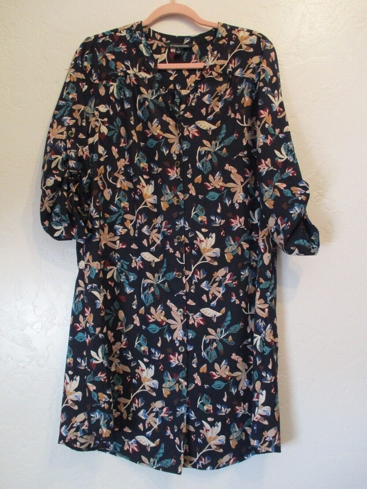 41 Hawthorn Womens Sz L Button Down Shirt Dress Roll Tab Sleeves Blue Floral