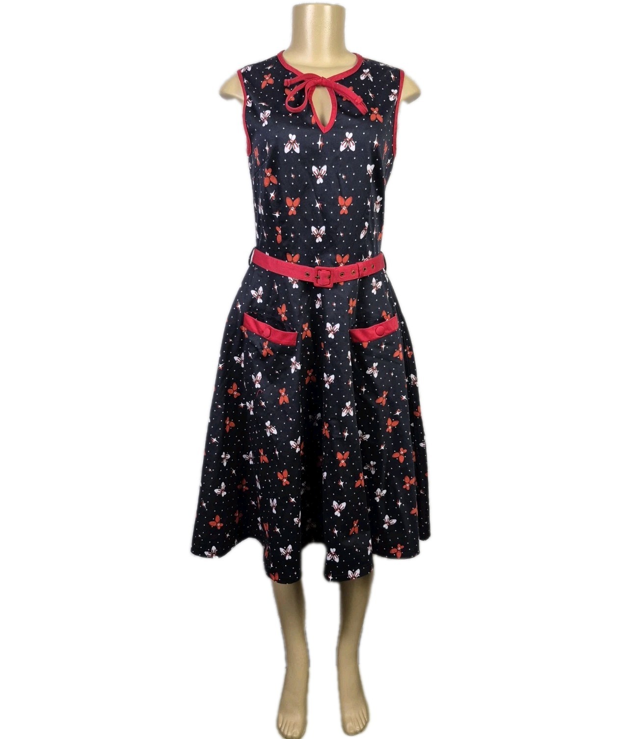 Voodoo Vixen Med Black & Red Trim Belted Bowling Pin Midi Dress Pinup Rockabilly