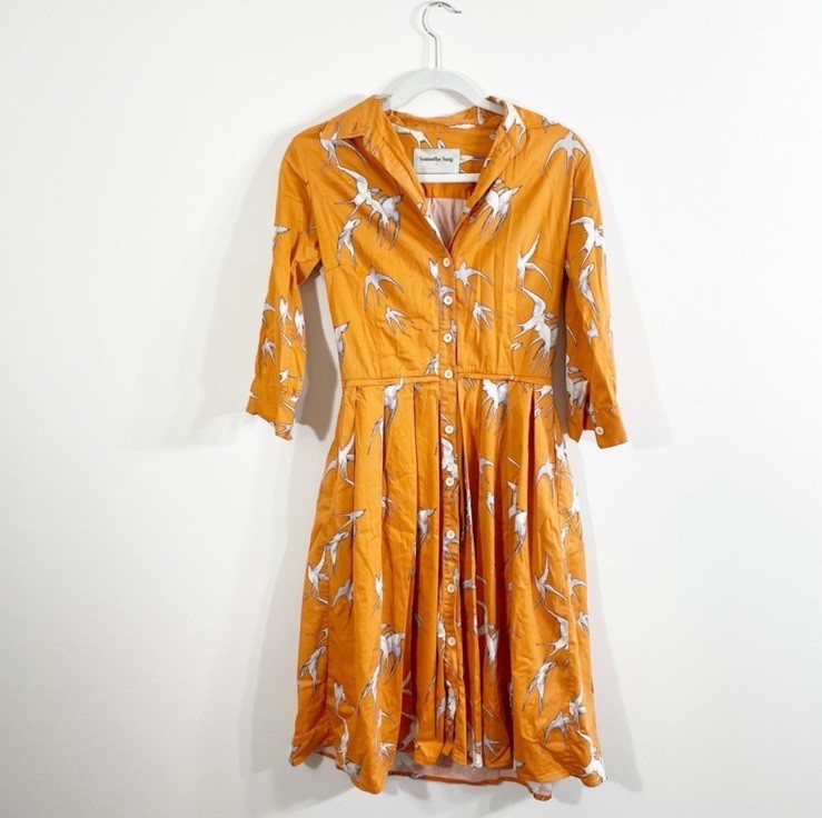 Samantha Sung Audrey Orange Bird Print Midi Pleated Dress 3/4 Sleeves Size 2
