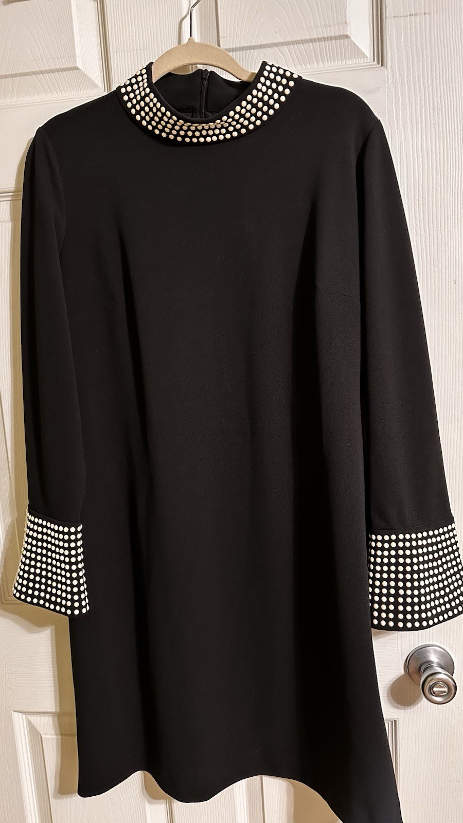 Karl Lagerfeld Paris Black Faux Pearl Trim Bell Sleeves Stretch Dress Size 14