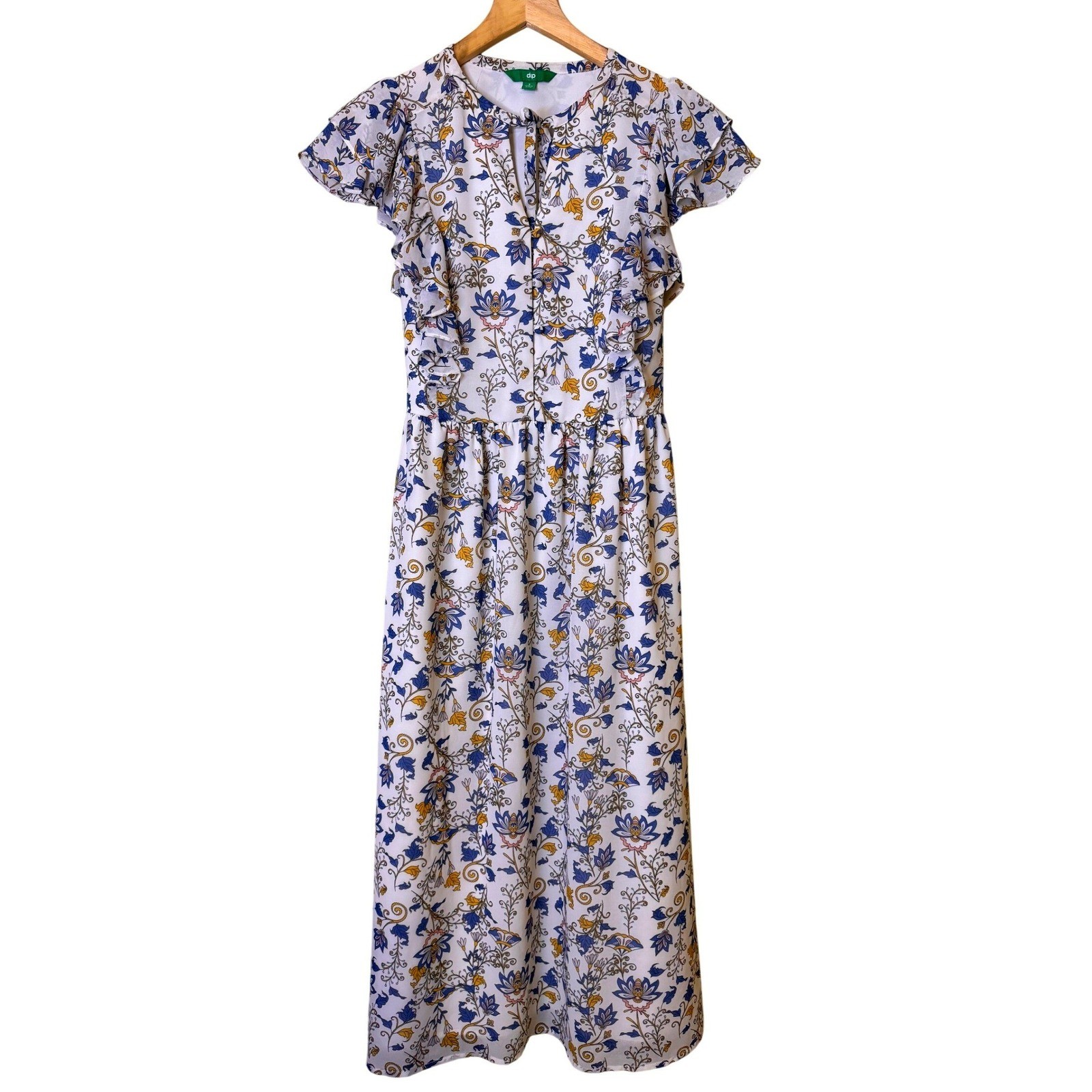 Dip Womens Blue Floral Cottagecore Midi Dress Ruffle Sleeve Tie Back Size Small