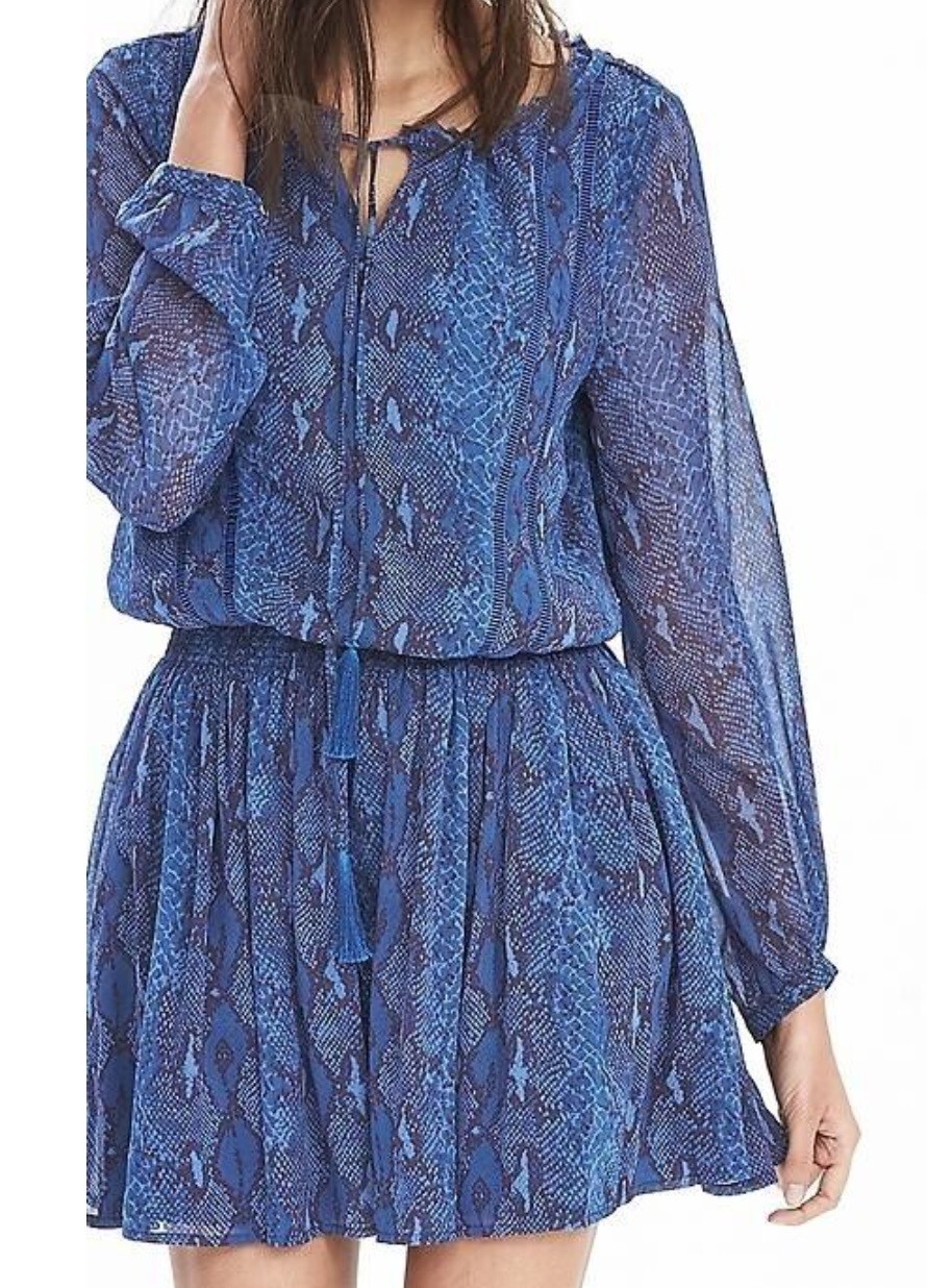 BANANA REPUBLIC Blue Snakeskin Print Dress Blouson-XS Petite-NWT Org Price $138