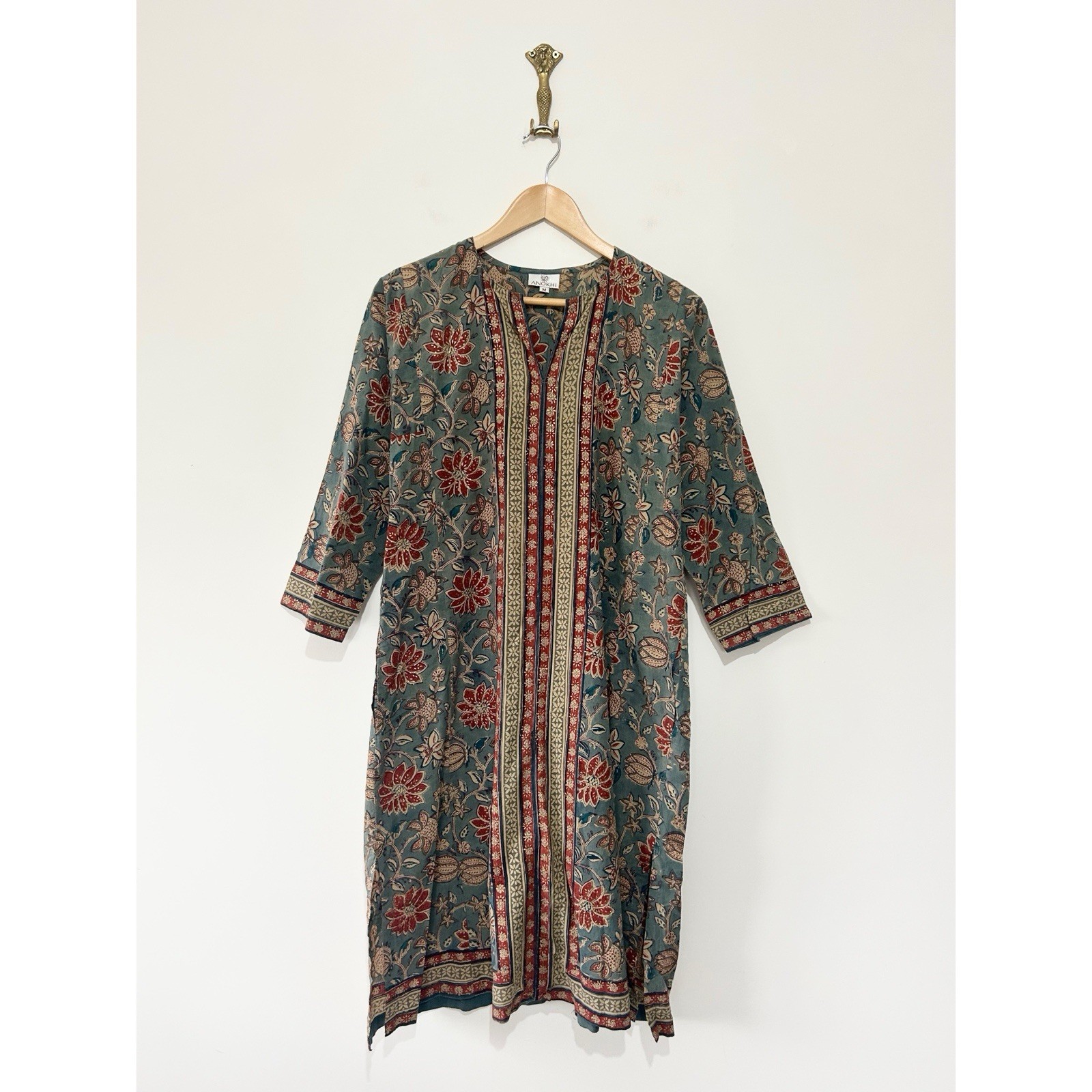 Anokhi Block Print Kaftan Dress Size M Blue Floral Gold Details Pockets Boho
