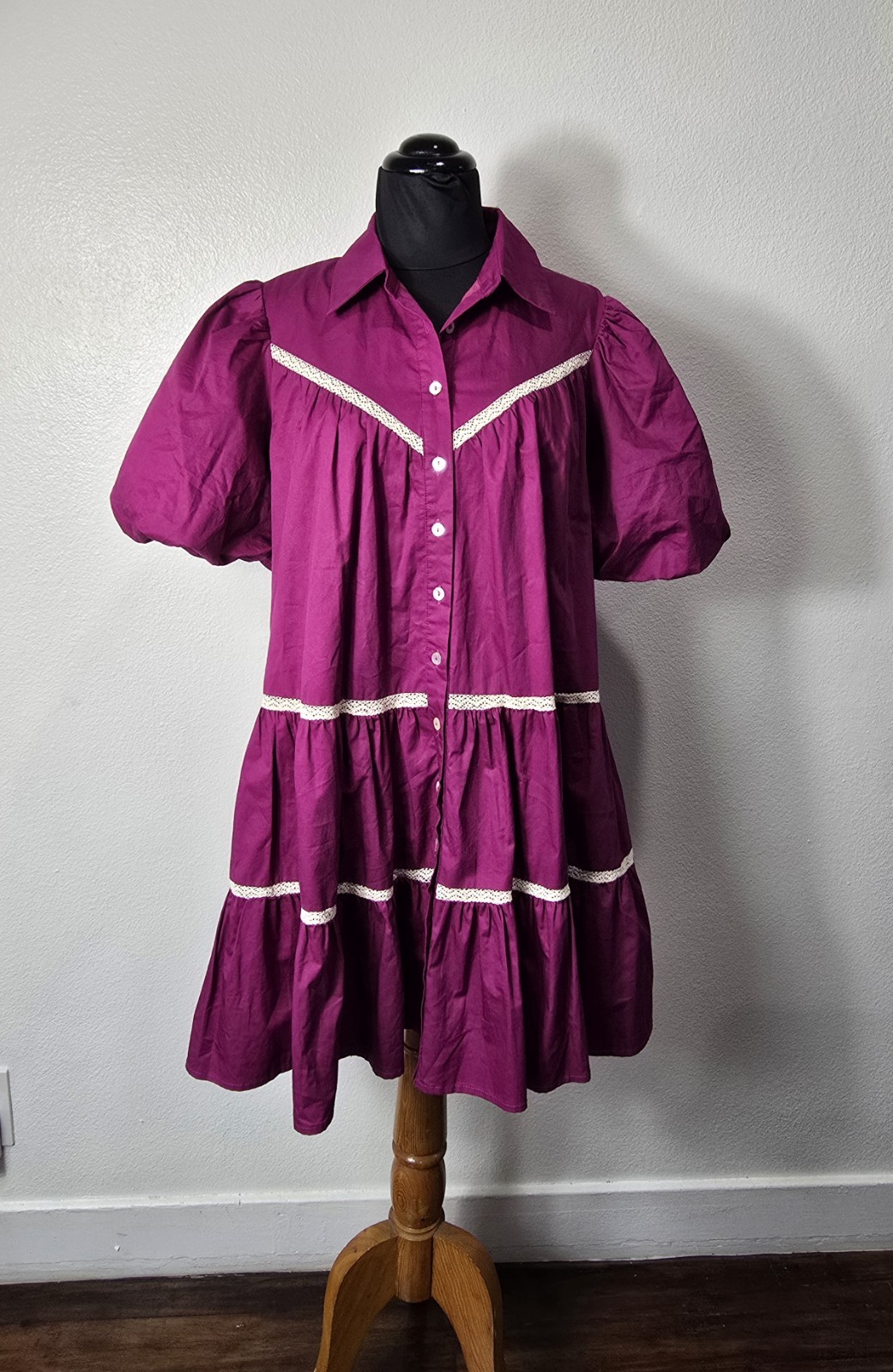 In The Begenning Magenta Tiered Button-Front Babydoll Dress. Boho