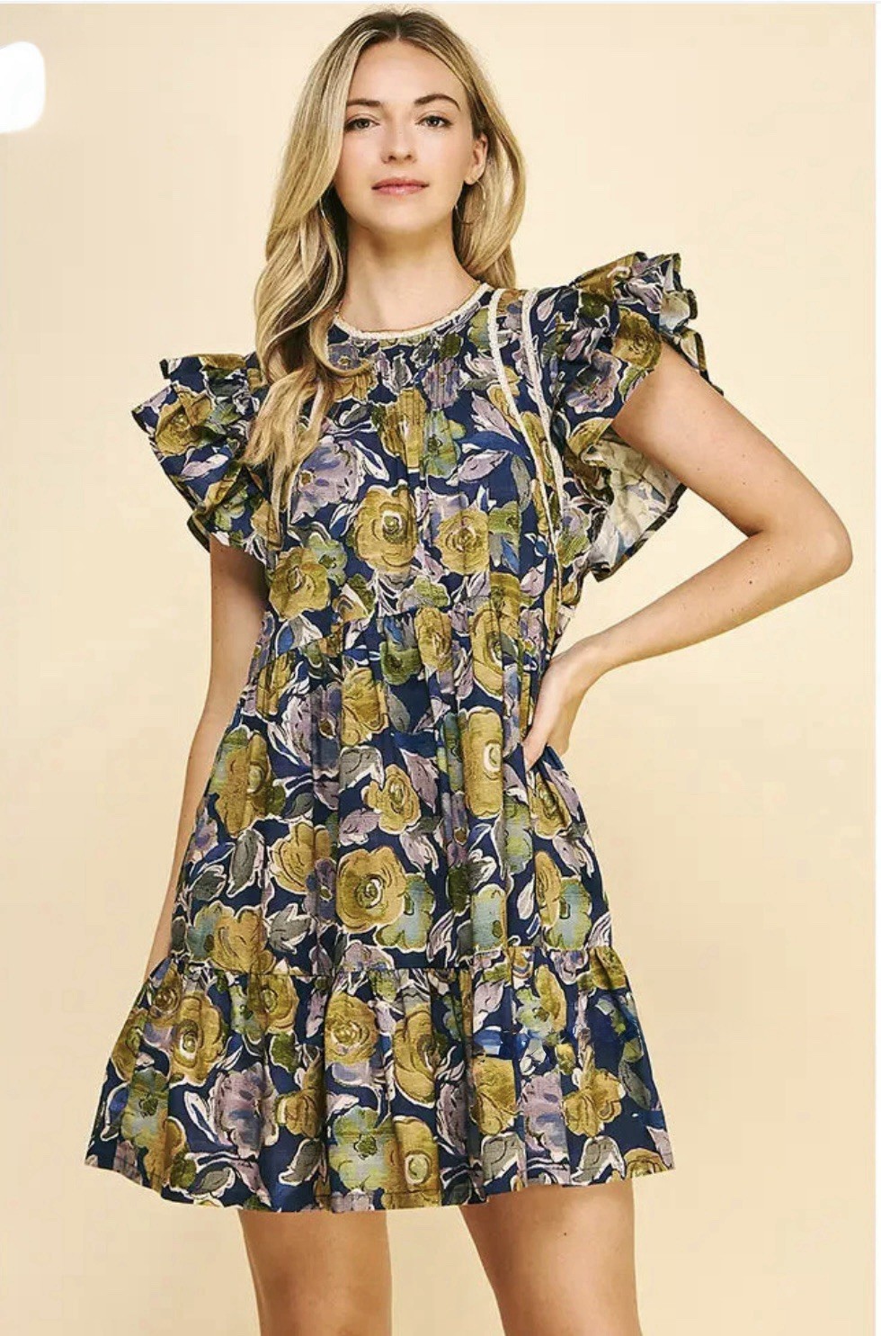 Pinch Floral Ruffle Sleeve Blue/Green Dress with Cotton Ecru Trim Size Med NWT