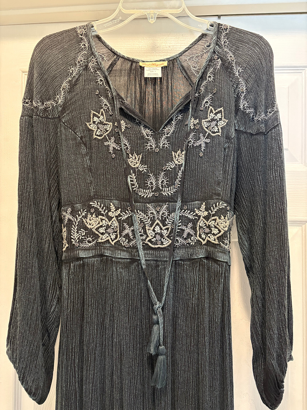 Sweet Magnolia Embellished Boho Prairie Beaded Blue Gray Maxi Dress L