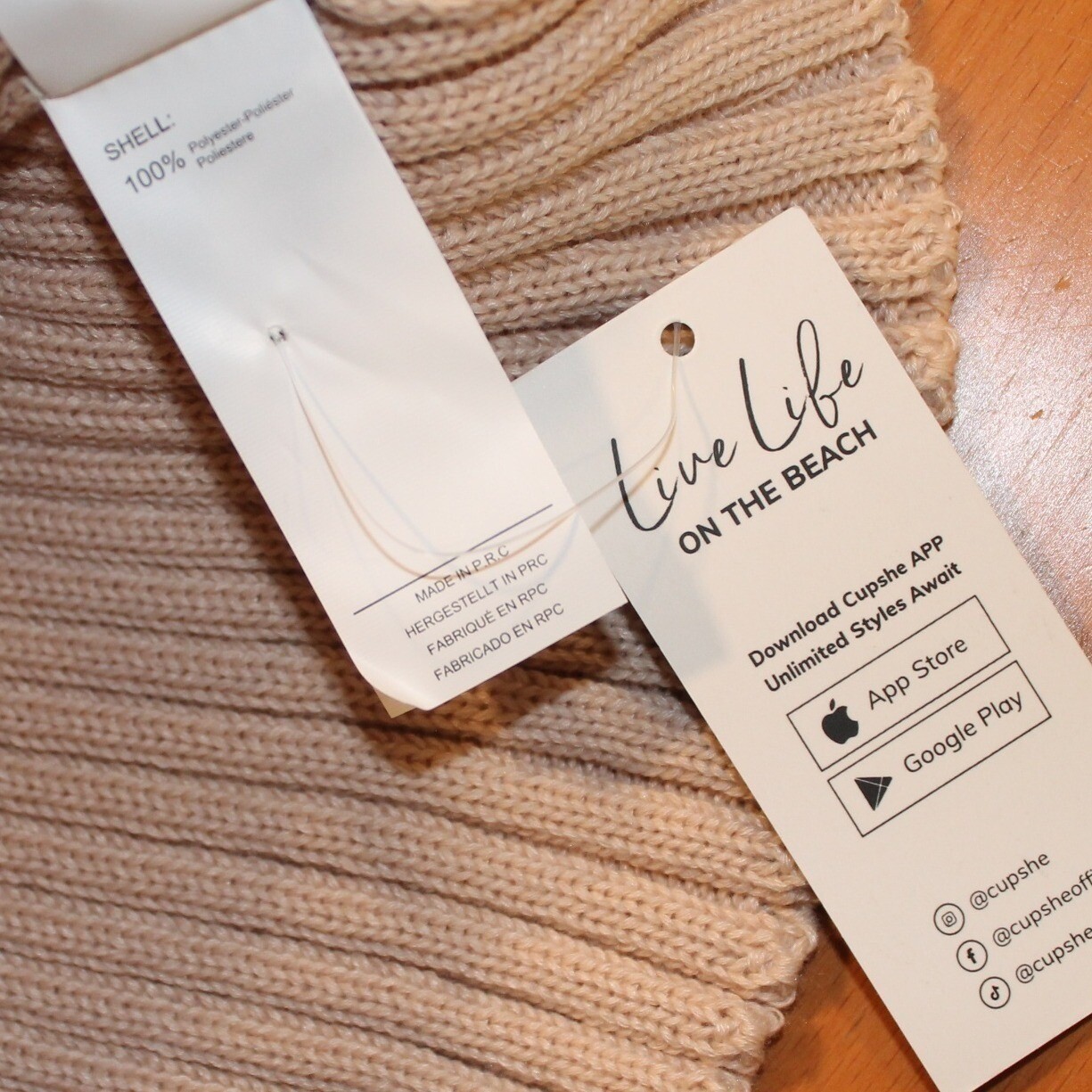 Cupshe Crochet Knit Mini Sweater Dress V-Neck Long Balloon Sleeve Tan XS NEW