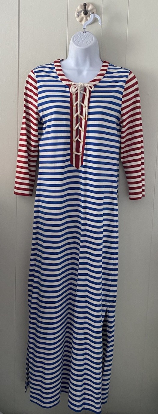 J Crew Sammie Dress Blue Red Stripe Lace Up Maxi Sz S Nautical 3/4 Sleeve EUC