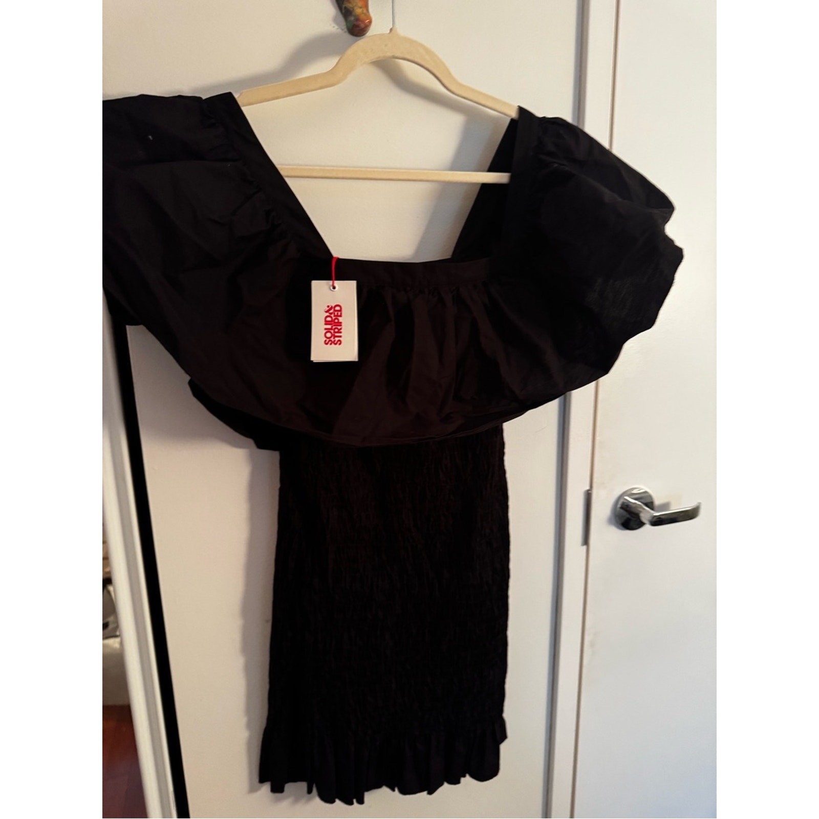 SOLID & STRIPED Smocked Ruffle Dress in Black Poplin NWT