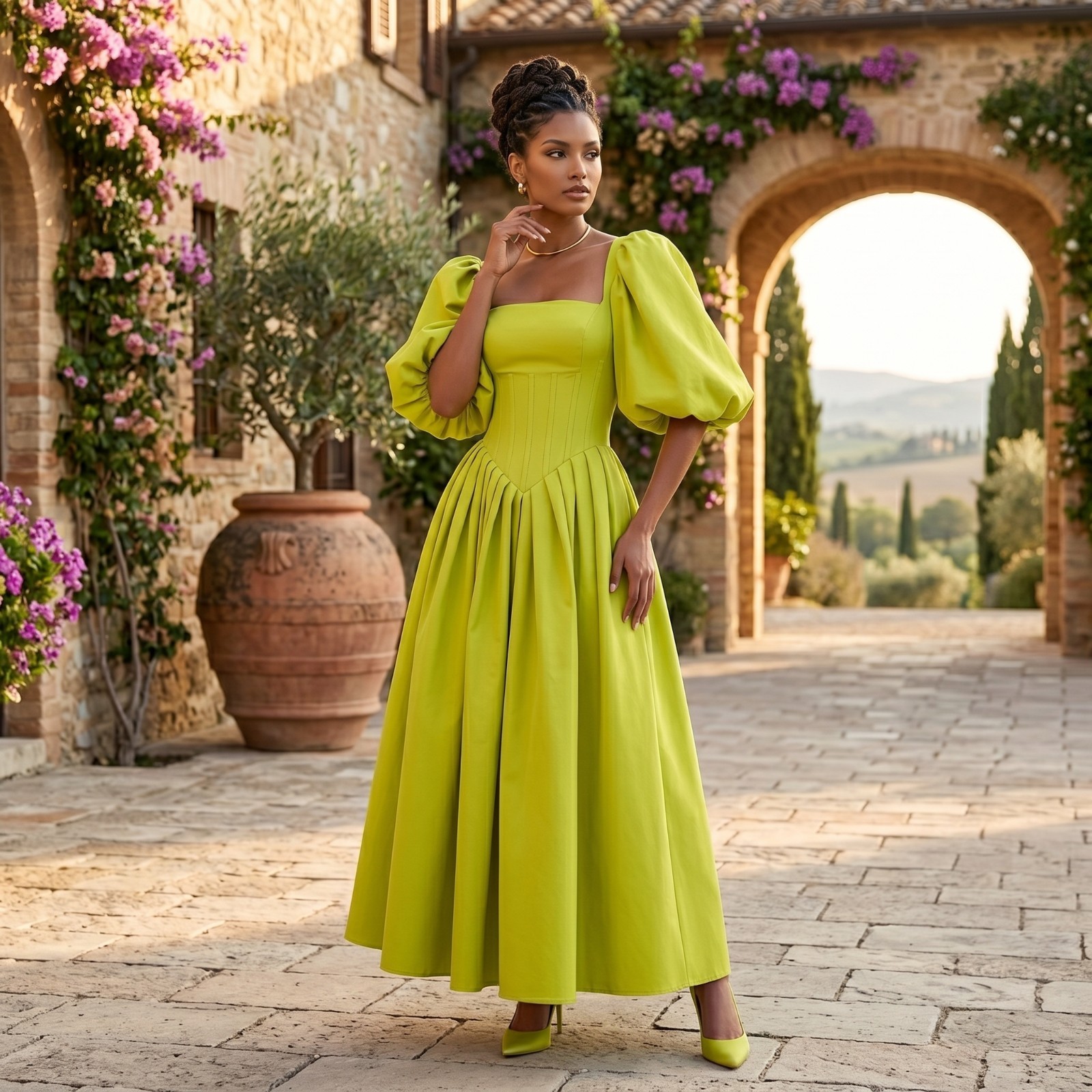 Elegant Square Neck Puff Sleeve Formal Evening Dress Corset Satin Prom Maxi Gown