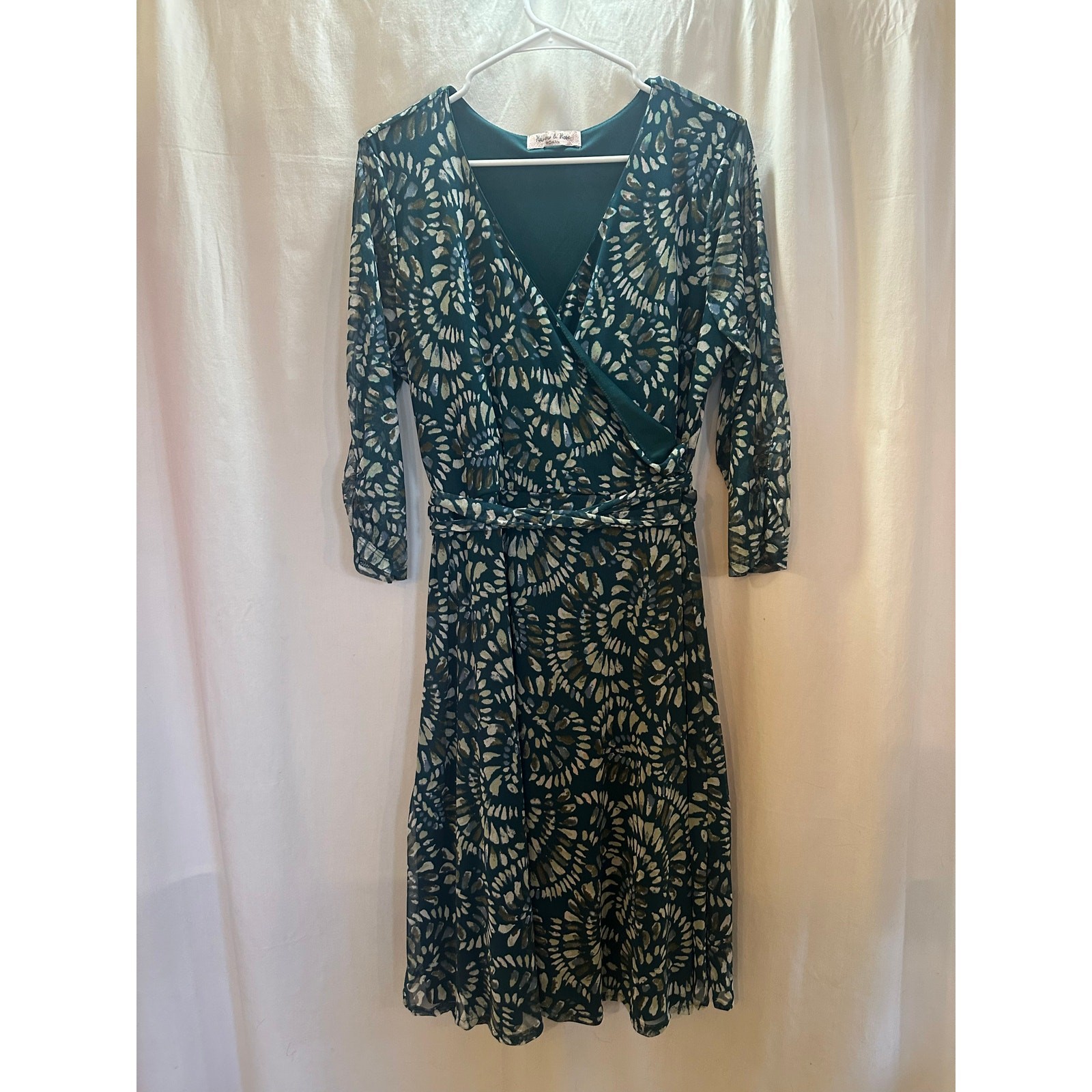 Harlow & Rose Teal Wrap Style Midi Dress – Sheer Sleeves – Belted – XL