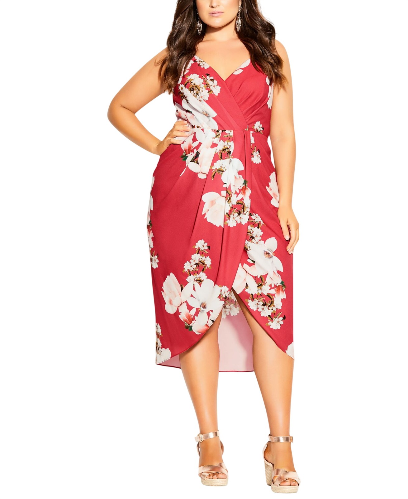 City Chic Trendy Plus Size Lotus Love Faux Wrap Dress Sacred Lotus Red 14W