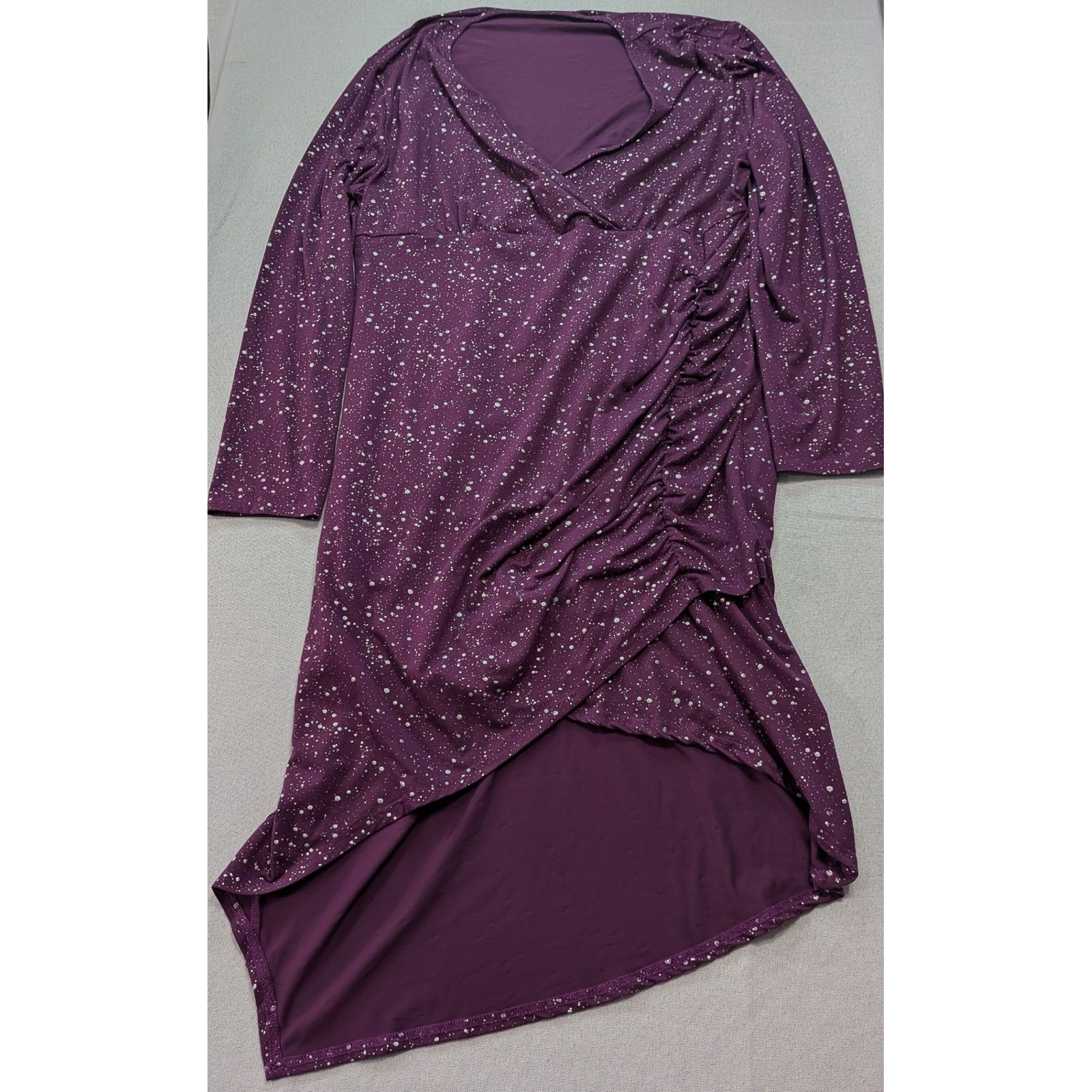 High Low Dress Womens L Purple Excellent Metallic Splatter Ruched Wrap