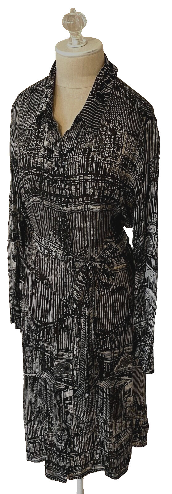 TOLANI Alice Abstract Print Button-Up Collar Pocket Belt Shirt Dress M Coal