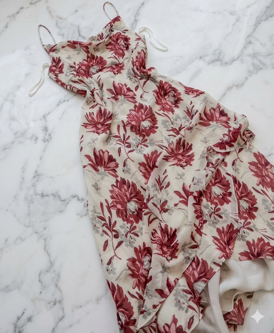 90s Y2K Ann Taylor Silk Dress Size 10 Red Floral Midi Slip Dress Wedding Guest