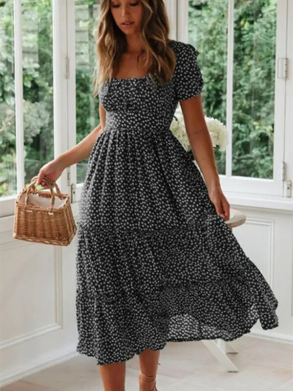 Vestidos Vintage Vintage Print Puff Sleeve summer Beach sweet dresses Casual