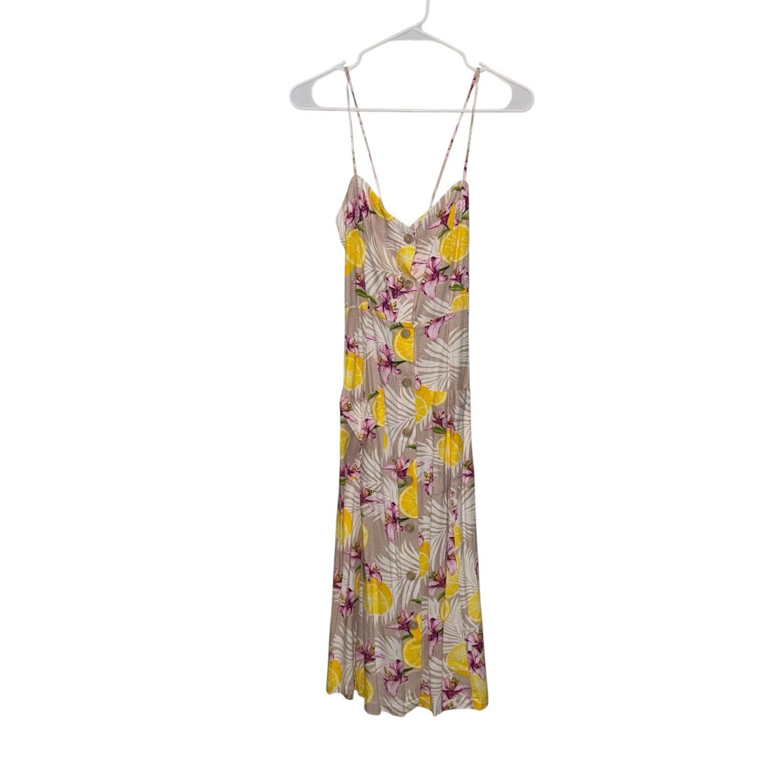 New Forever 21 Beige Lemon Floral V-Neck Button Open-Back Tie Midi Slip Dress S