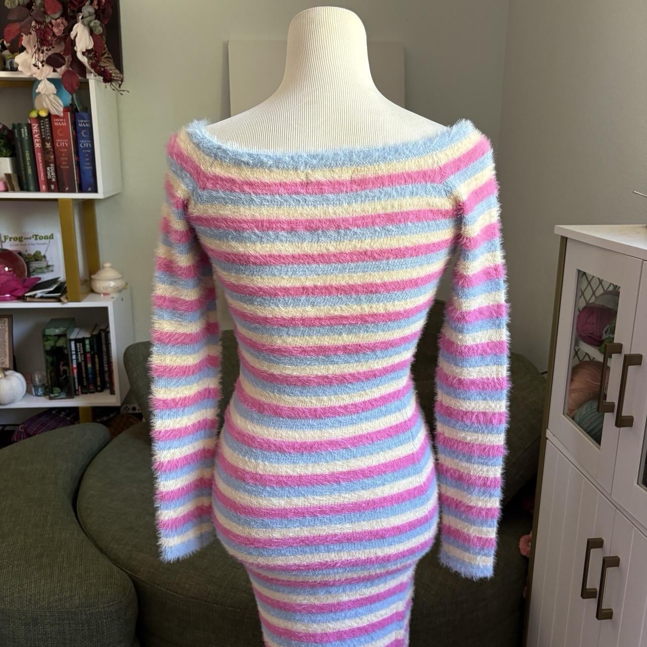 PrettyLittleThing Pastel Spring Striped Fuzzy Knit Bodycon Maxi Sweater Dress, S