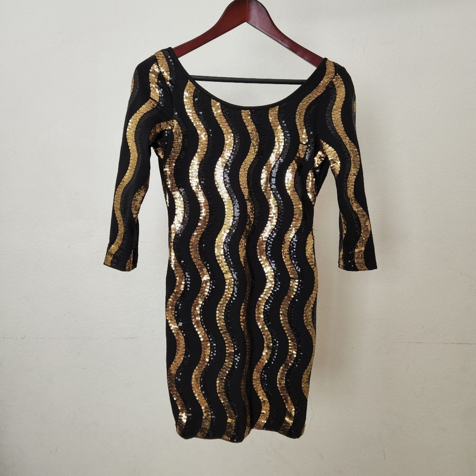 Foreign Exchange Black & Gold Sequin Bodycon Mini Dress – Size M – Retro Disco