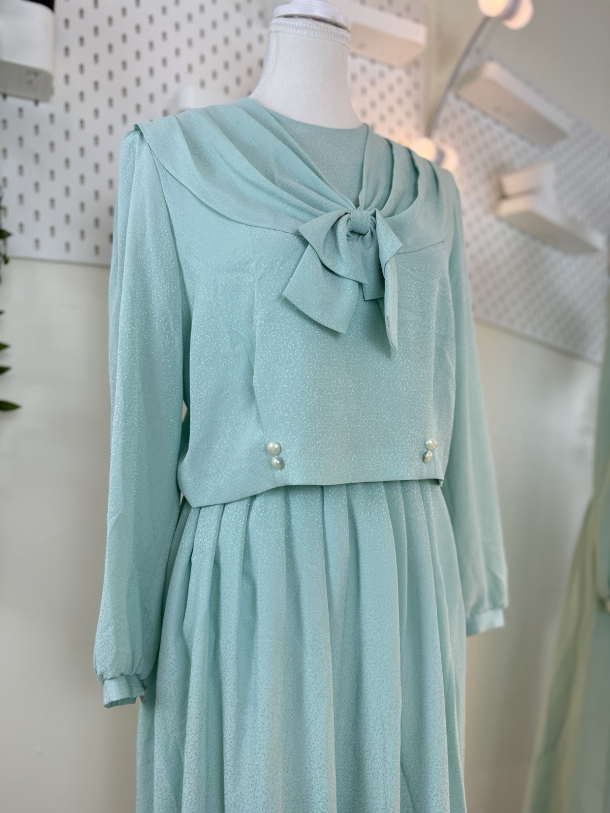 Fransoise Bow Neck Midi Dress Long Sleeve Pearl Button Detail Pleated Skirt
