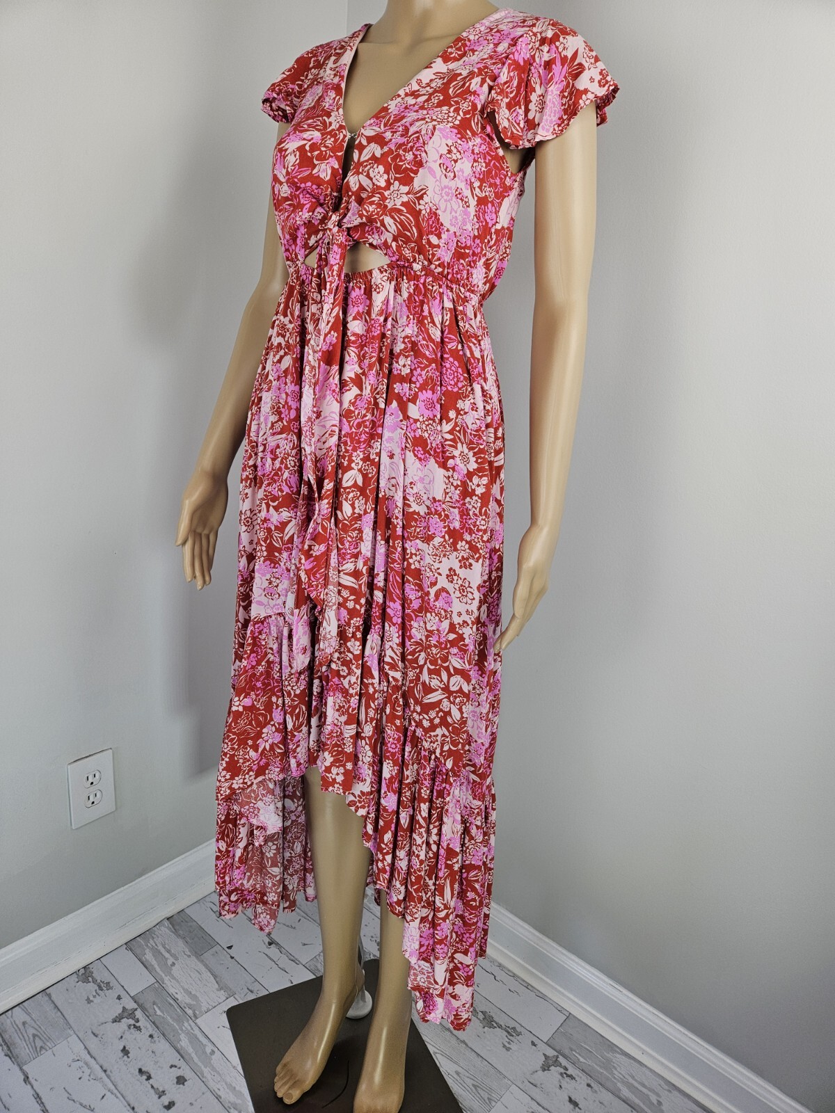 Vici Womens Dress Small Hi Low Maxi Pockets Ruffle Raspberry Floral