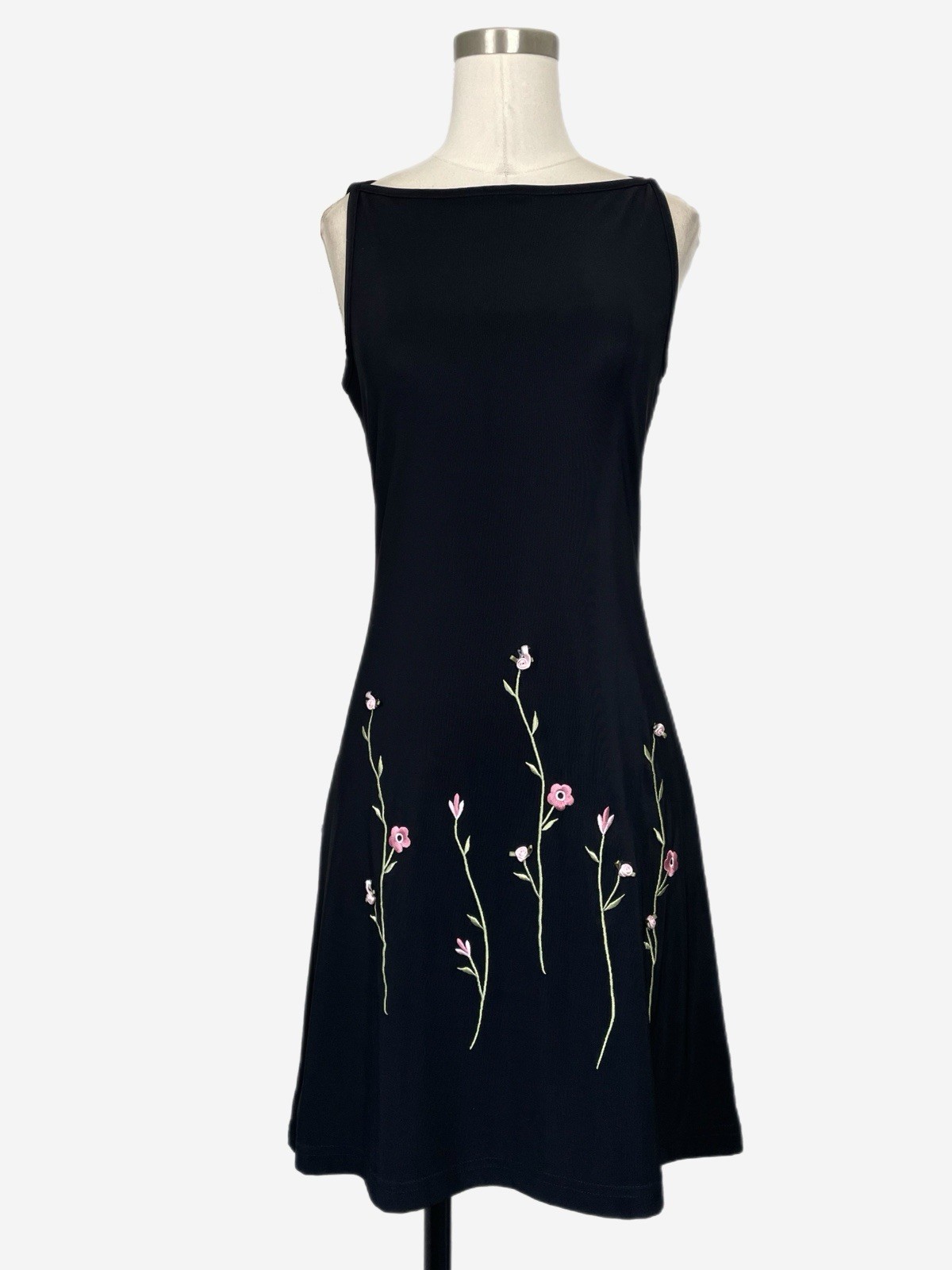 Vintage Y2K City Triangles Black boatneck floral embroidery rosette mini dress S