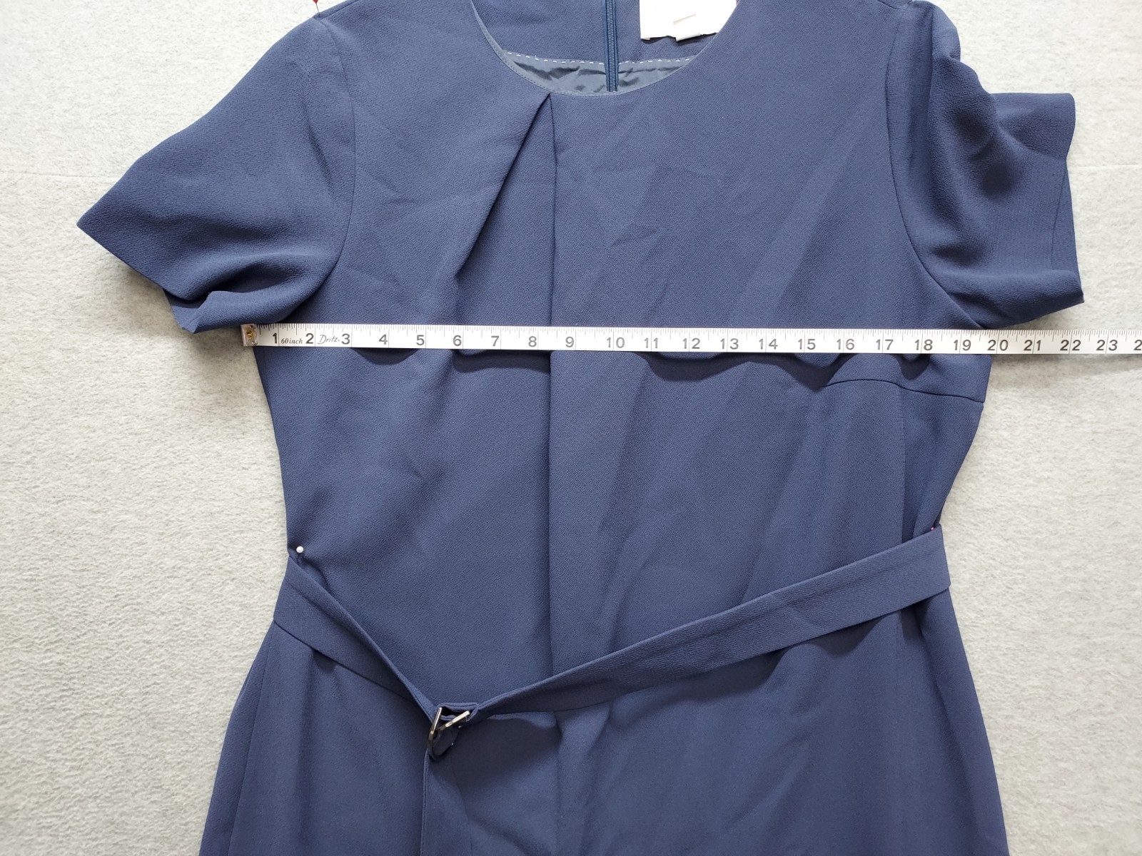 Hugo Boss Women Shift Dress 12 Blue Back Zipper Tie Waist Short Sleeve Cocktail