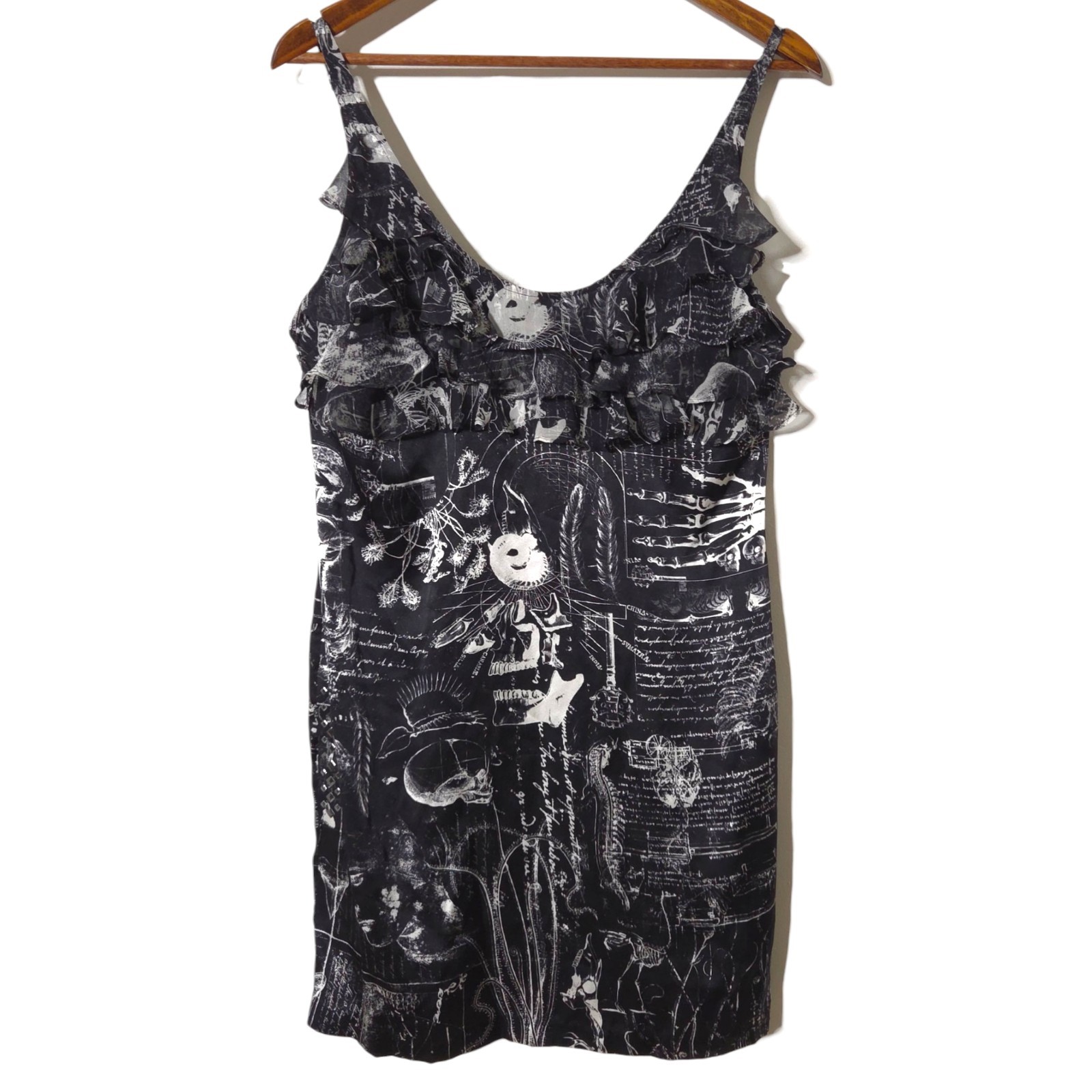 Affliction Black Mini Dress Size 10 Goth Tattoo Skulls Studded Pockets 100% Silk