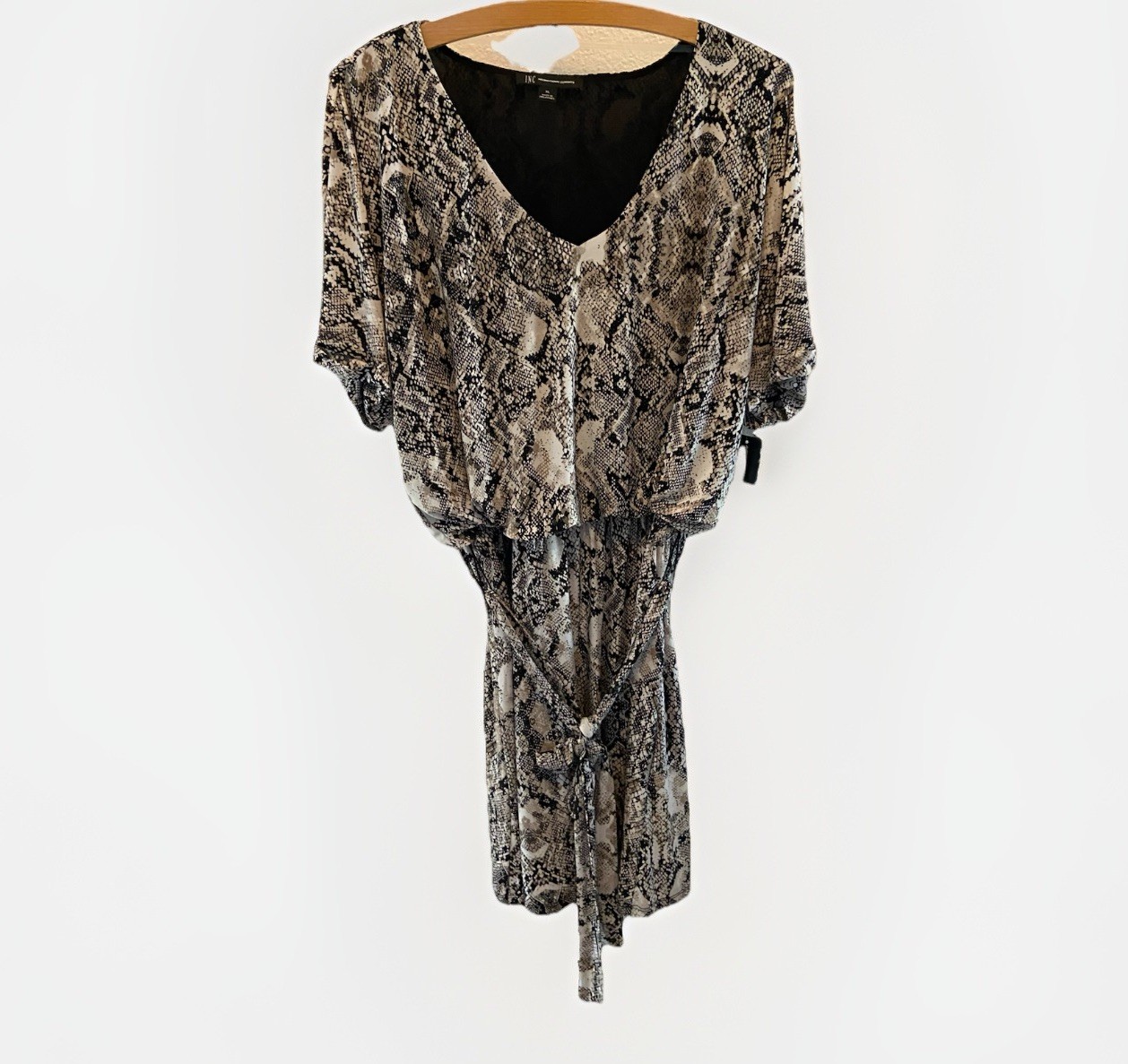 INC Snake Print Mini Dress XL Python V-Neck Tie Belt Short Sleeve Desert